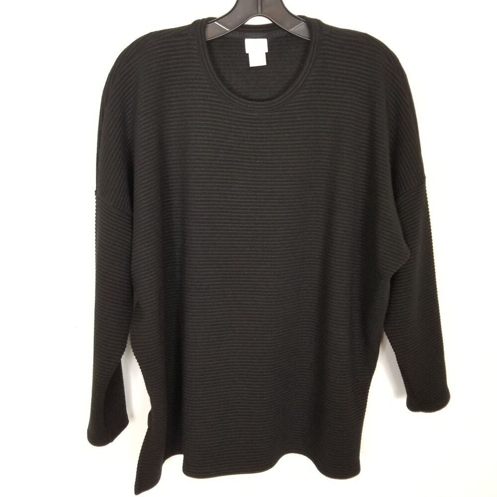 Chico's Women Ribbed‎ Pullover Sweater Sz L Black Bat Sleeve Casual Office
